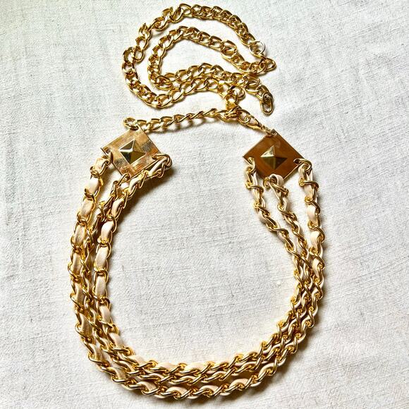 Vintage Gold Chain Belt Leather 3 Strand Convertible Necklace Pyramid Stud 80s main image 10